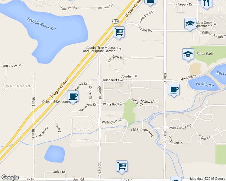 map of restaurants, bars, coffee shops, grocery stores, and more near 4795 White Rock Circle in Boulder