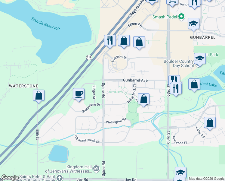 map of restaurants, bars, coffee shops, grocery stores, and more near 4795 White Rock Circle in Boulder