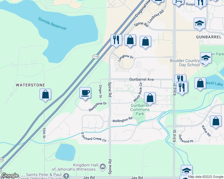 map of restaurants, bars, coffee shops, grocery stores, and more near 5924 Gunbarrel Avenue in Boulder