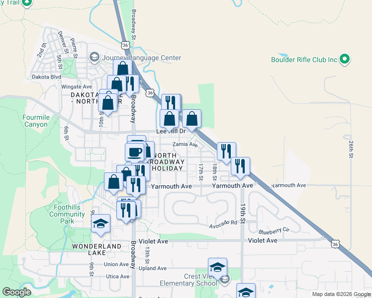 map of restaurants, bars, coffee shops, grocery stores, and more near 4706 16th Street in Boulder