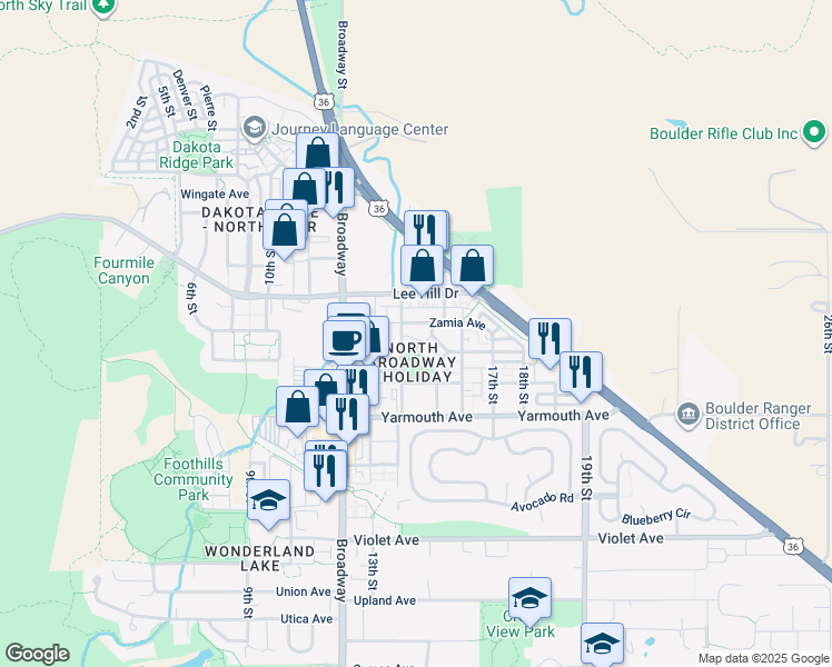 map of restaurants, bars, coffee shops, grocery stores, and more near 1474 Easy Rider Lane in Boulder
