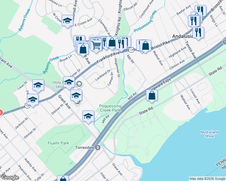 map of restaurants, bars, coffee shops, grocery stores, and more near 4737 Saint Denis Drive in Philadelphia