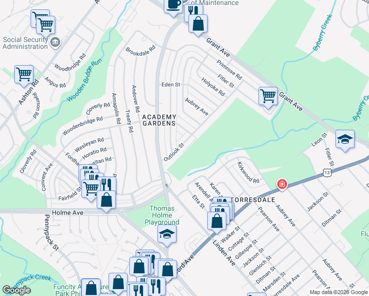 map of restaurants, bars, coffee shops, grocery stores, and more near 9225 Outlook Avenue in Philadelphia