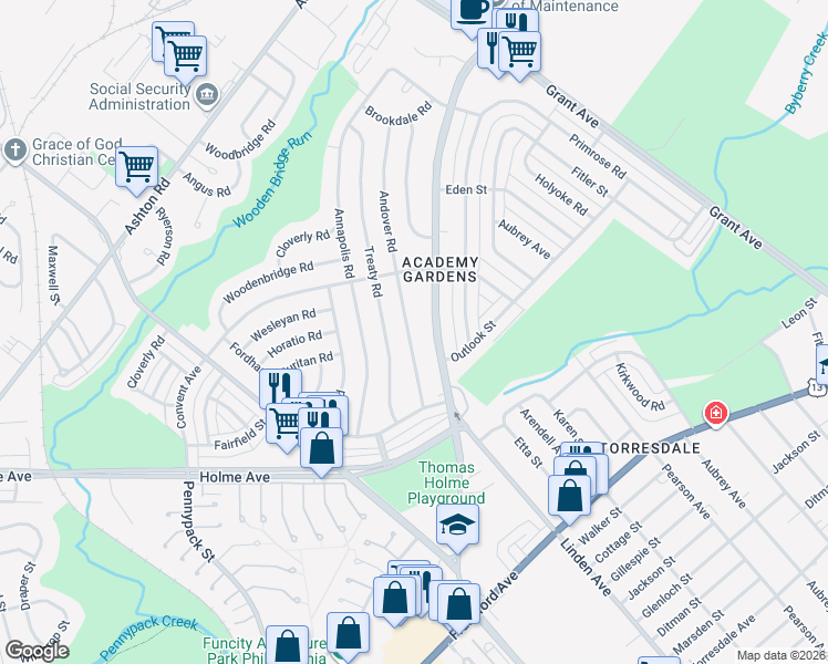 map of restaurants, bars, coffee shops, grocery stores, and more near 9225 Andover Road in Philadelphia