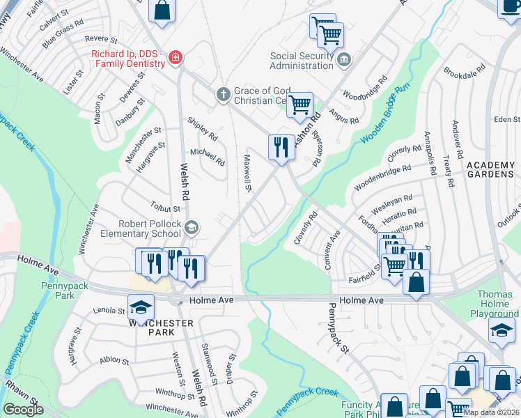 map of restaurants, bars, coffee shops, grocery stores, and more near 2816 Maxwell Street in Philadelphia