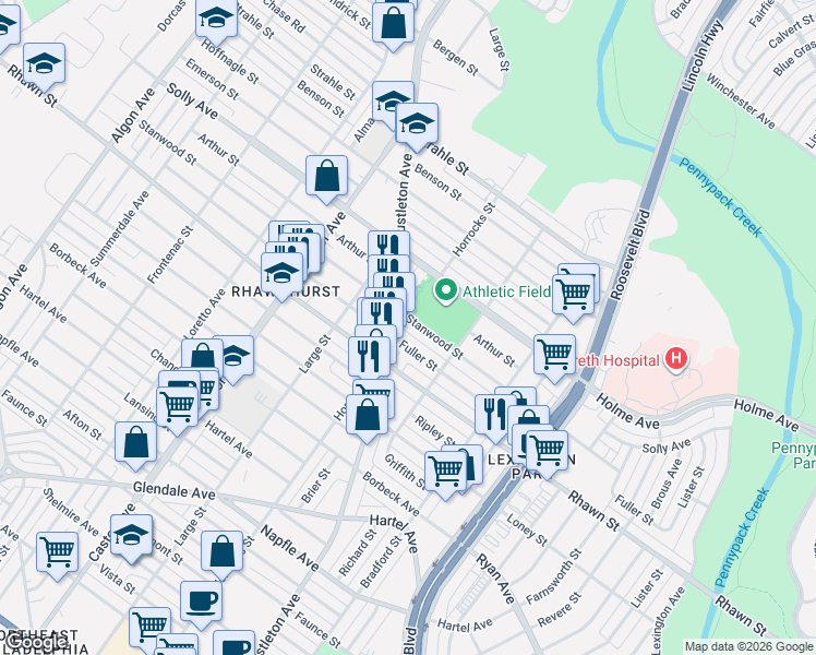 map of restaurants, bars, coffee shops, grocery stores, and more near 2216 Stanwood Street in Philadelphia