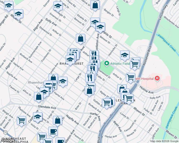 map of restaurants, bars, coffee shops, grocery stores, and more near 2123 Fuller Street in Philadelphia