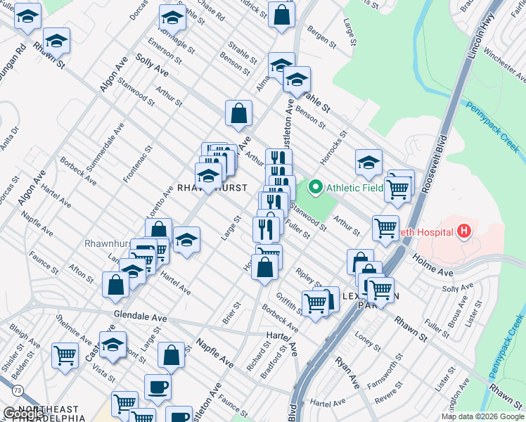 map of restaurants, bars, coffee shops, grocery stores, and more near 2123 Fuller Street in Philadelphia