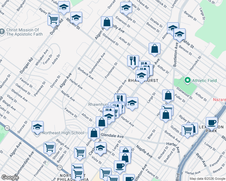 map of restaurants, bars, coffee shops, grocery stores, and more near 7906 Loretto Avenue in Philadelphia