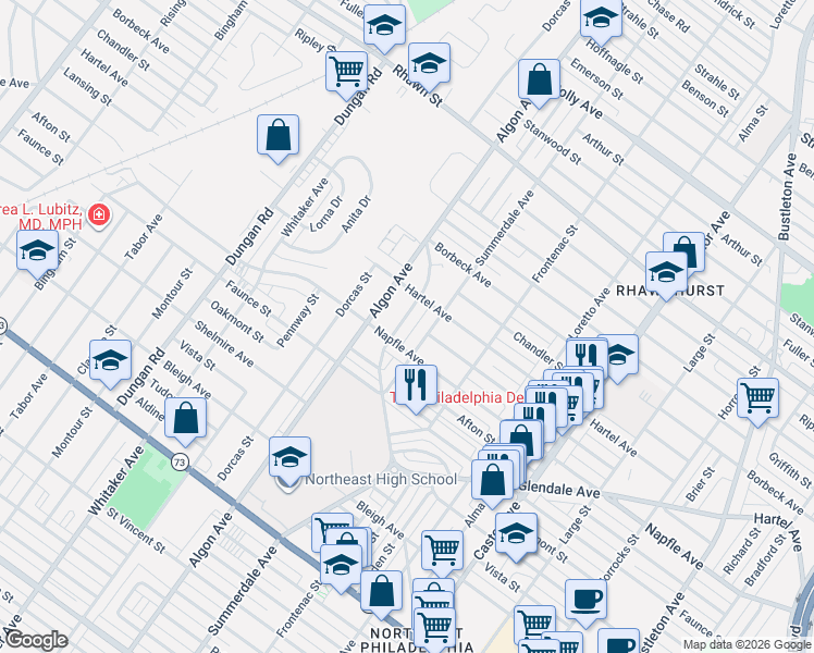 map of restaurants, bars, coffee shops, grocery stores, and more near 7714 Summerdale Avenue in Philadelphia