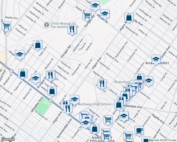 map of restaurants, bars, coffee shops, grocery stores, and more near 7614 Algon Avenue in Philadelphia