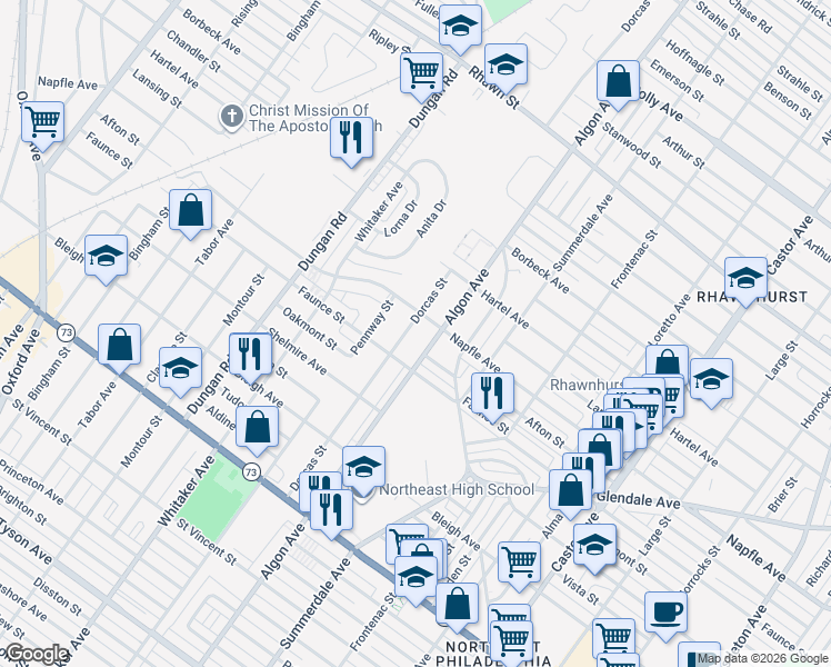 map of restaurants, bars, coffee shops, grocery stores, and more near 7614 Algon Avenue in Philadelphia