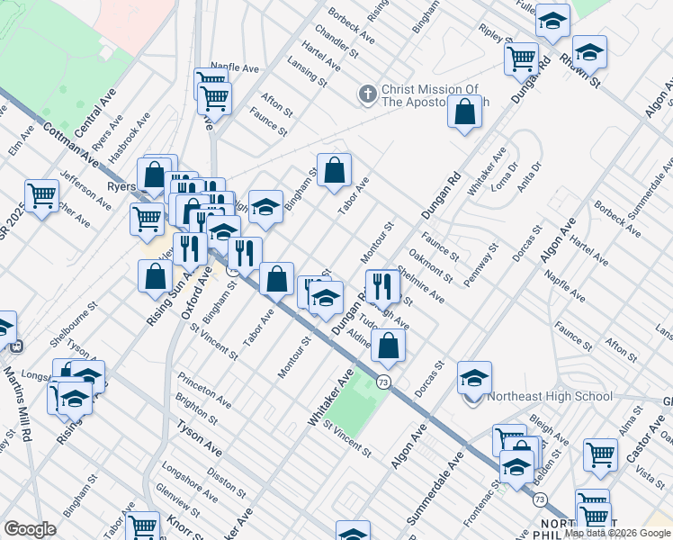 map of restaurants, bars, coffee shops, grocery stores, and more near 7365 Claridge Street in Philadelphia