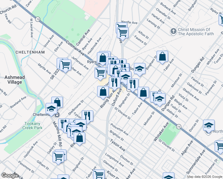 map of restaurants, bars, coffee shops, grocery stores, and more near 7224-32 Rising Sun Avenue in Philadelphia