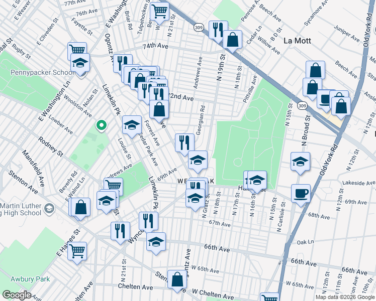 map of restaurants, bars, coffee shops, grocery stores, and more near in Philadelphia