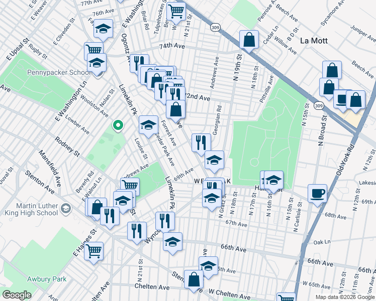 map of restaurants, bars, coffee shops, grocery stores, and more near 6949 Forrest Avenue in Philadelphia