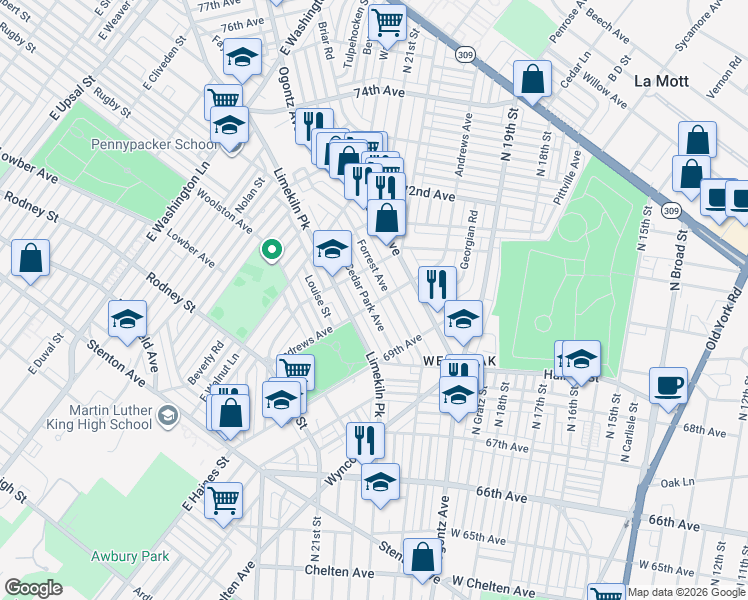 map of restaurants, bars, coffee shops, grocery stores, and more near 7000 Cedar Park Avenue in Philadelphia