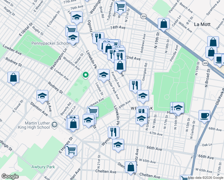 map of restaurants, bars, coffee shops, grocery stores, and more near 7000 Cedar Park Avenue in Philadelphia