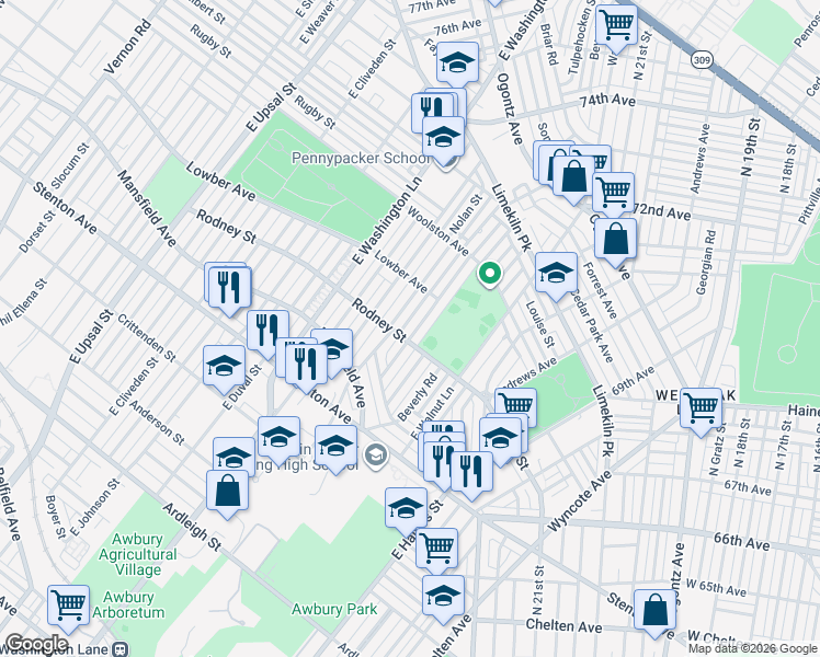 map of restaurants, bars, coffee shops, grocery stores, and more near 1601 Wynsam Street in Philadelphia