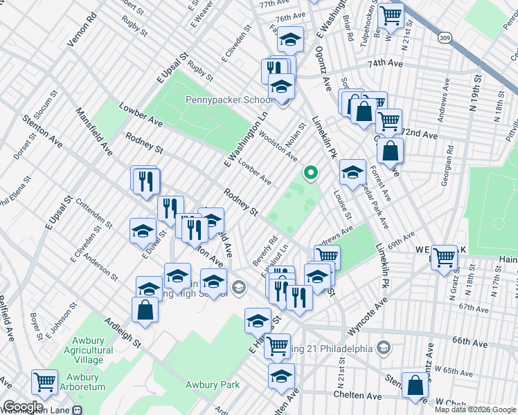 map of restaurants, bars, coffee shops, grocery stores, and more near 1601 Wynsam Street in Philadelphia
