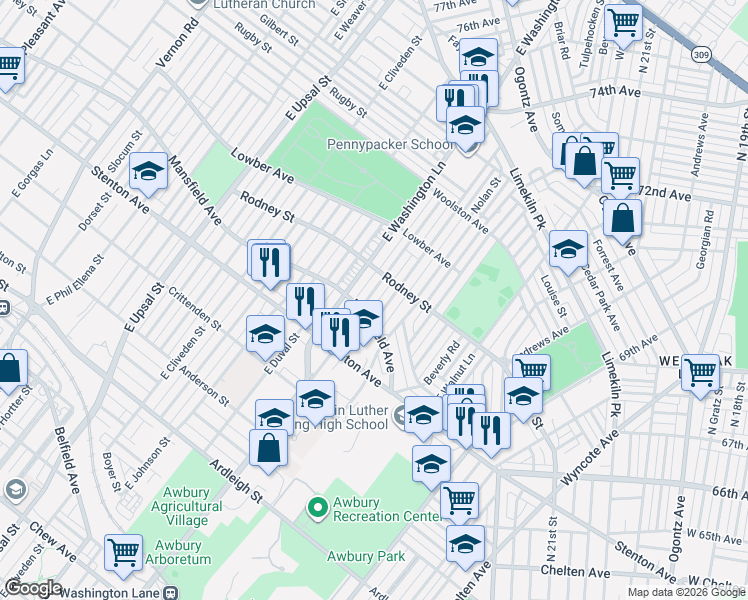 map of restaurants, bars, coffee shops, grocery stores, and more near 1505 Mayland Street in Philadelphia