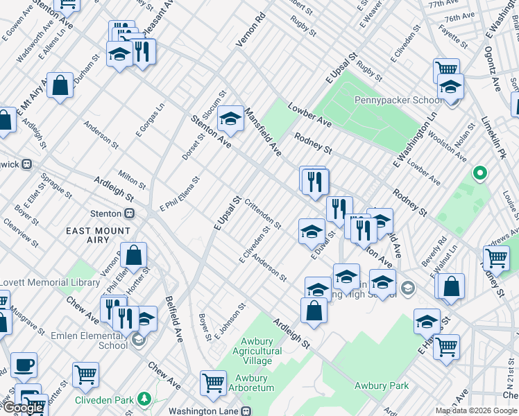 map of restaurants, bars, coffee shops, grocery stores, and more near 1247 East Cardeza Street in Philadelphia