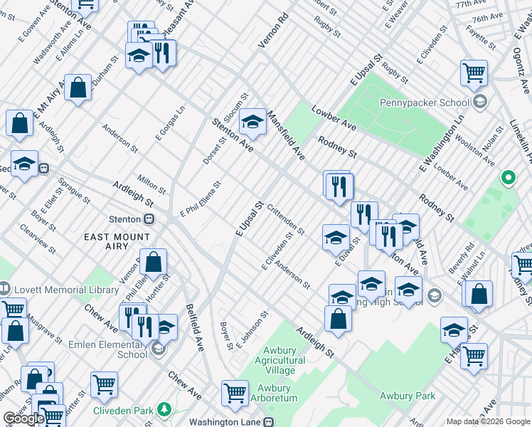 map of restaurants, bars, coffee shops, grocery stores, and more near 718 East Upsal Street in Philadelphia