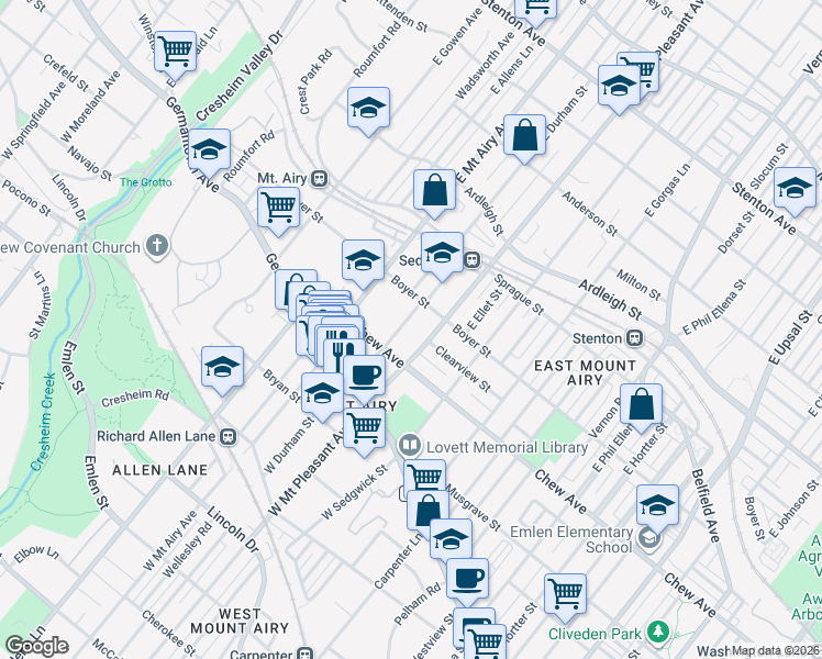 map of restaurants, bars, coffee shops, grocery stores, and more near 123 East Mount Pleasant Avenue in Philadelphia