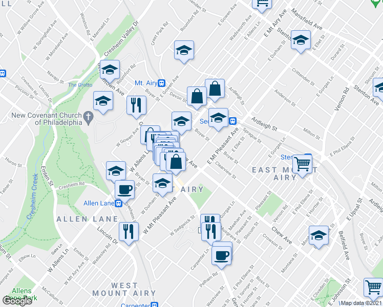 map of restaurants, bars, coffee shops, grocery stores, and more near 111 East Durham Street in Philadelphia