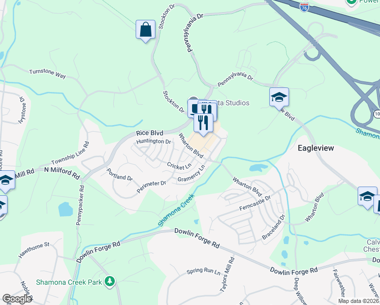 map of restaurants, bars, coffee shops, grocery stores, and more near 617 Wharton Boulevard in Exton