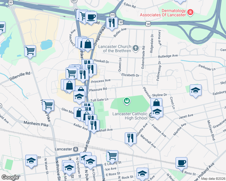 map of restaurants, bars, coffee shops, grocery stores, and more near 1304 Rosemont Avenue in Lancaster