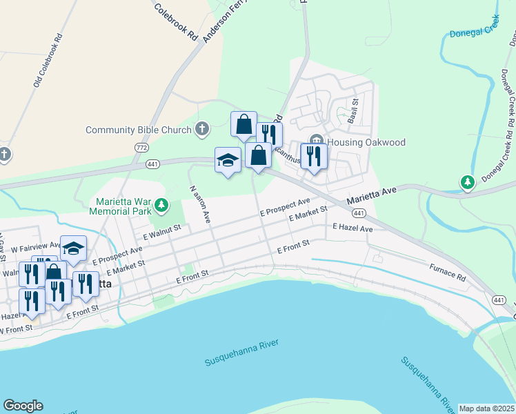 map of restaurants, bars, coffee shops, grocery stores, and more near 22 North Bank Street in Marietta