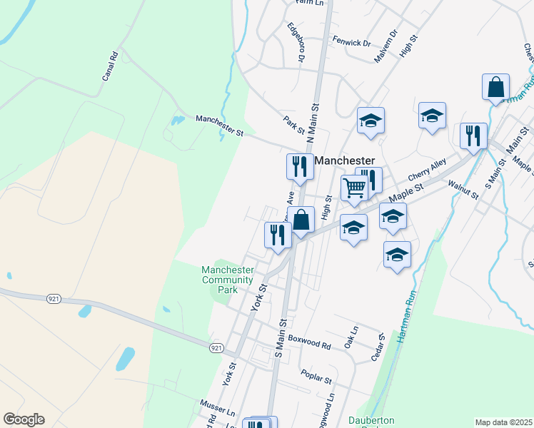 map of restaurants, bars, coffee shops, grocery stores, and more near 218 North Liverpool Street in Manchester