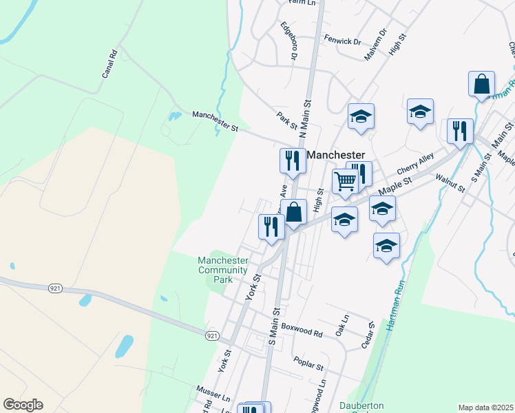 map of restaurants, bars, coffee shops, grocery stores, and more near 218 North Liverpool Street in Manchester