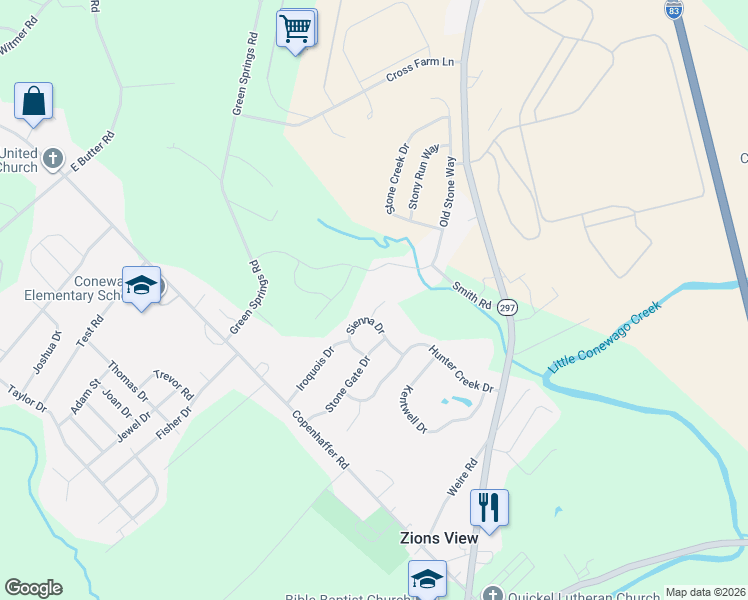 map of restaurants, bars, coffee shops, grocery stores, and more near 1025 Sylvan Court in York