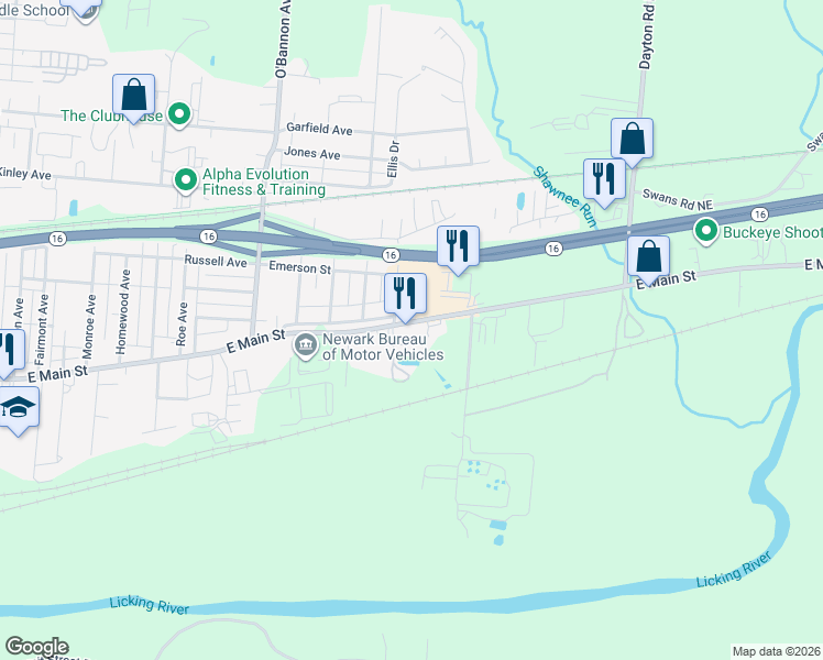 map of restaurants, bars, coffee shops, grocery stores, and more near 1011 E Main St in Newark