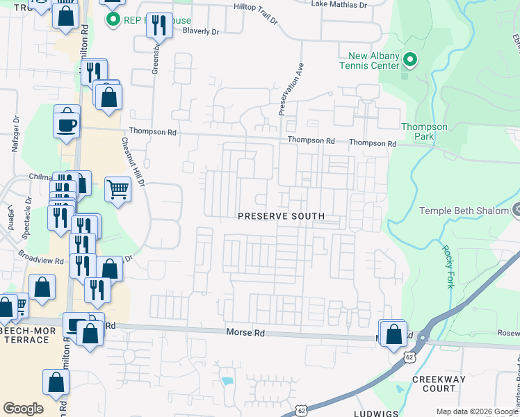 map of restaurants, bars, coffee shops, grocery stores, and more near 6234 Prairiefire Avenue in Columbus