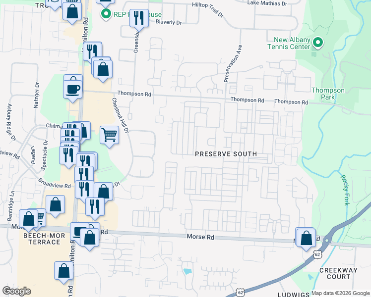 map of restaurants, bars, coffee shops, grocery stores, and more near 3956 Sweet Shadow Avenue in Columbus