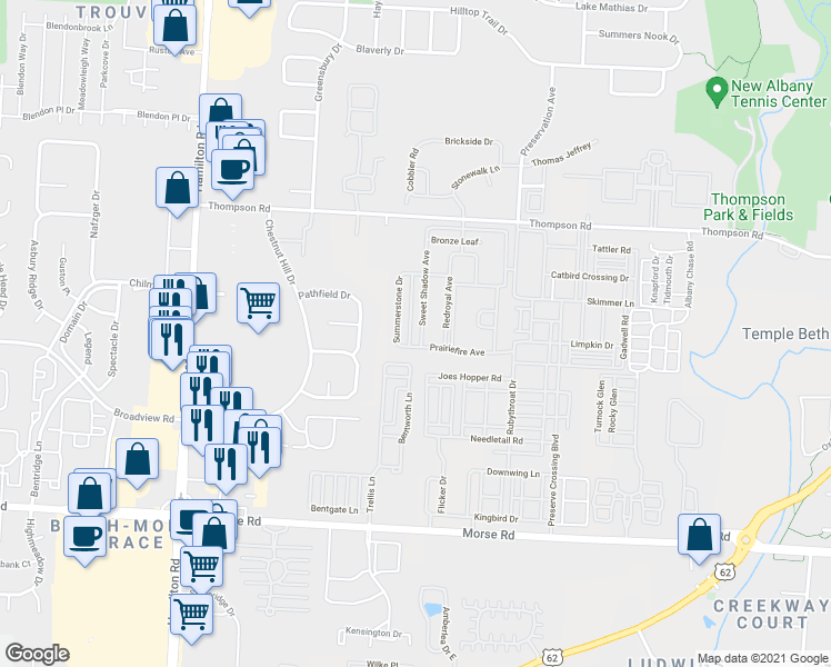 map of restaurants, bars, coffee shops, grocery stores, and more near 3956 Sweet Shadow Avenue in Columbus