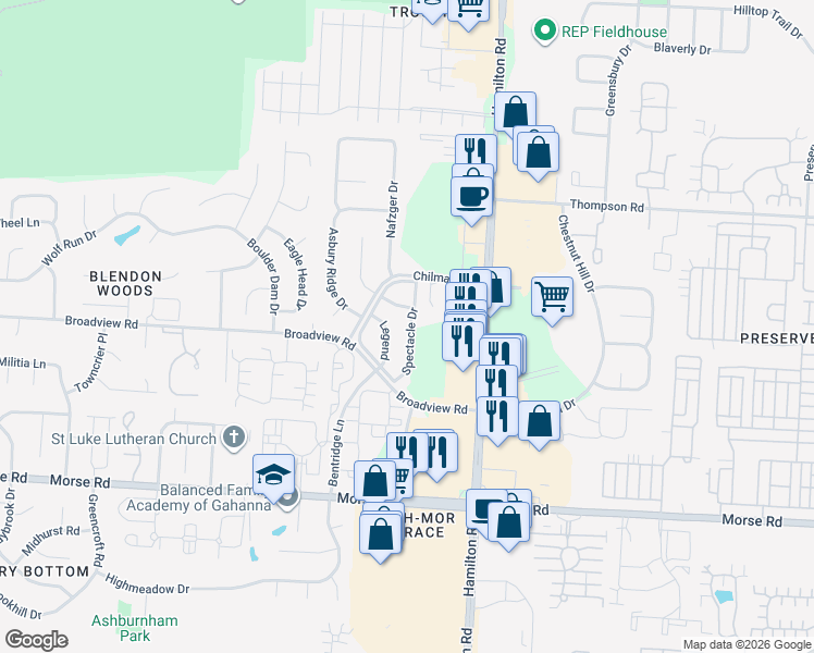 map of restaurants, bars, coffee shops, grocery stores, and more near 4001 Spectacle Drive in Columbus