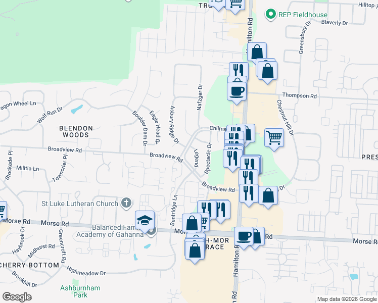map of restaurants, bars, coffee shops, grocery stores, and more near 4011 Legend in Columbus