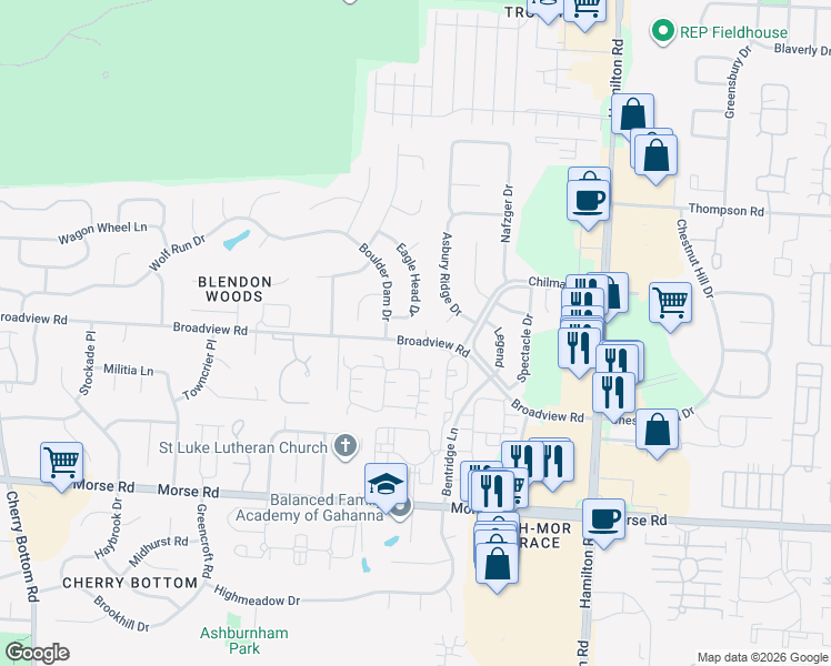 map of restaurants, bars, coffee shops, grocery stores, and more near 5658 Broadview Road in Columbus