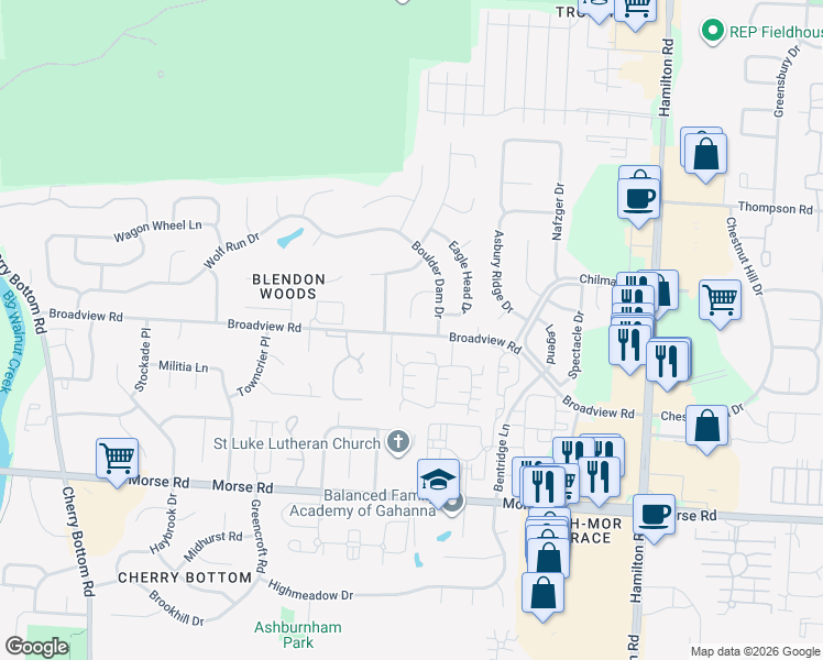 map of restaurants, bars, coffee shops, grocery stores, and more near 5625 Broadview Road in Columbus