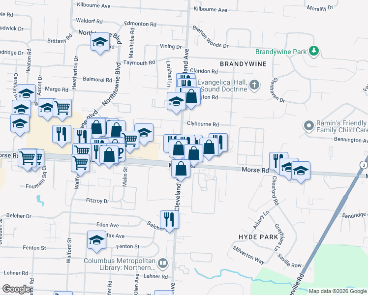 map of restaurants, bars, coffee shops, grocery stores, and more near 4461 Cleveland Avenue in Columbus
