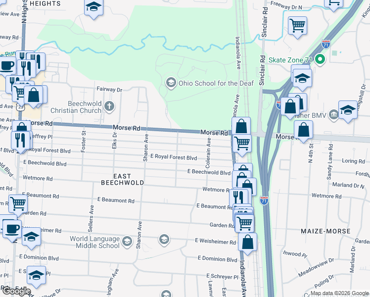 map of restaurants, bars, coffee shops, grocery stores, and more near 522 East Royal Forest Boulevard in Columbus