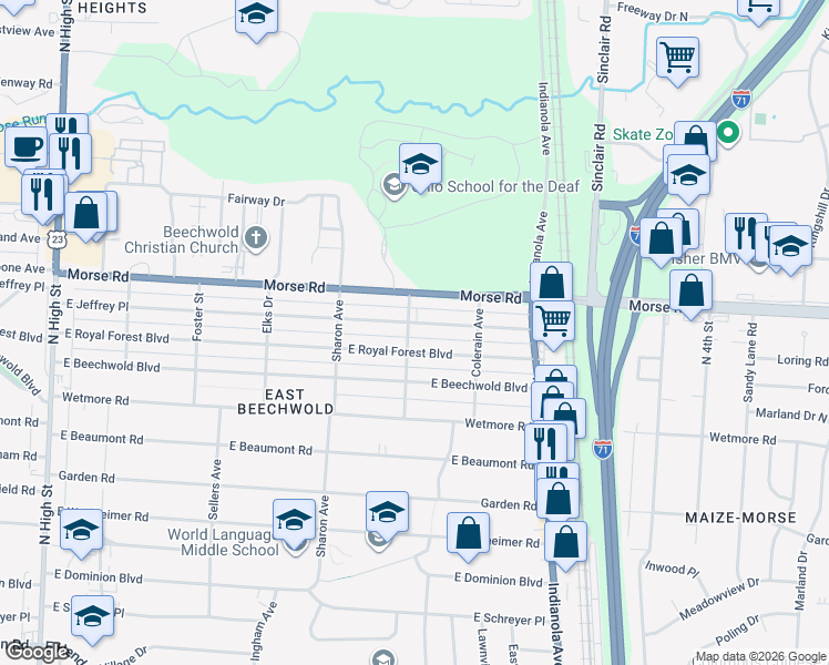 map of restaurants, bars, coffee shops, grocery stores, and more near 522 East Royal Forest Boulevard in Columbus