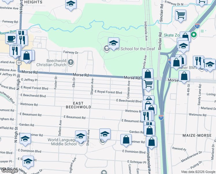 map of restaurants, bars, coffee shops, grocery stores, and more near 522 East Royal Forest Boulevard in Columbus