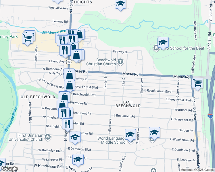 map of restaurants, bars, coffee shops, grocery stores, and more near 238 East Royal Forest Boulevard in Columbus