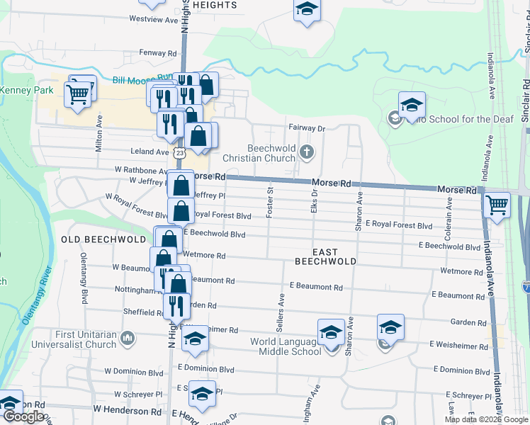 map of restaurants, bars, coffee shops, grocery stores, and more near 182 East Royal Forest Boulevard in Columbus