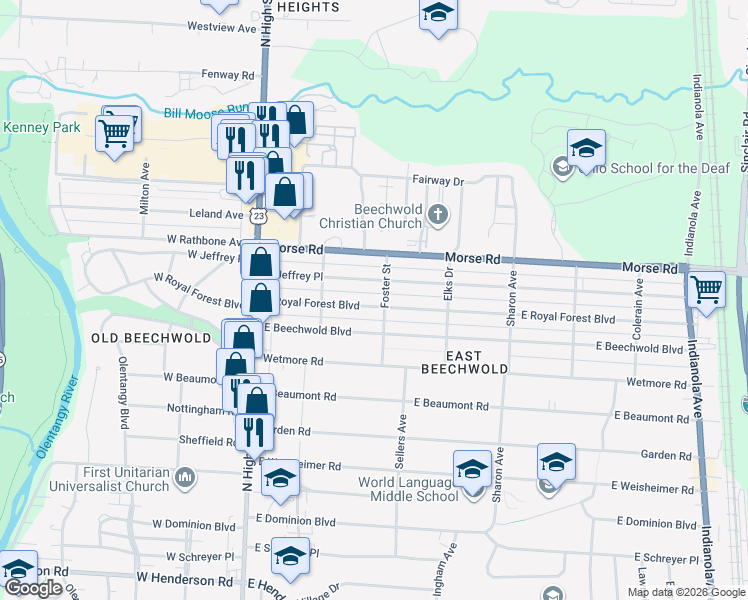 map of restaurants, bars, coffee shops, grocery stores, and more near 182 East Royal Forest Boulevard in Columbus